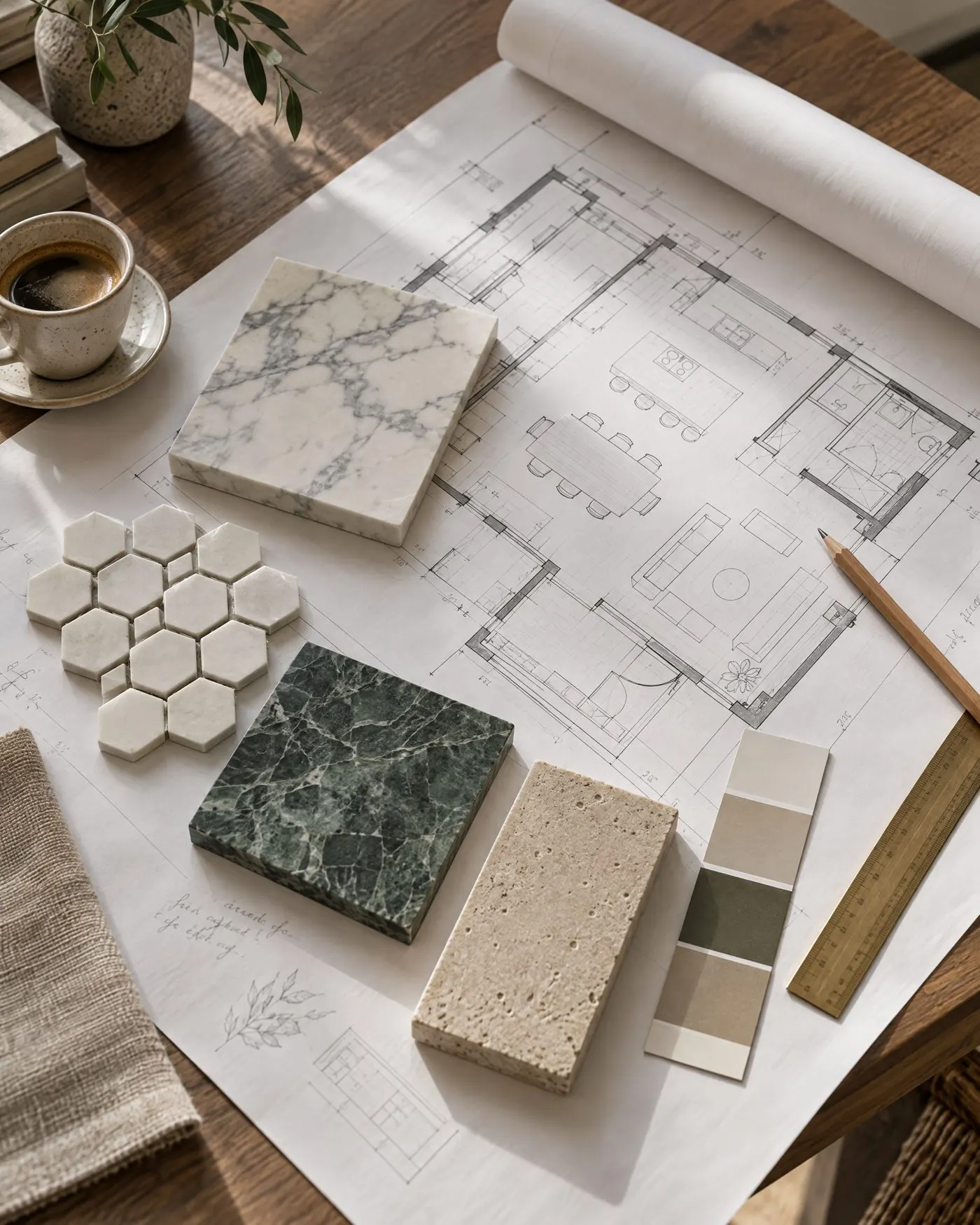 A project in the works: a floor plan, pencil, scale ruler and stone samples