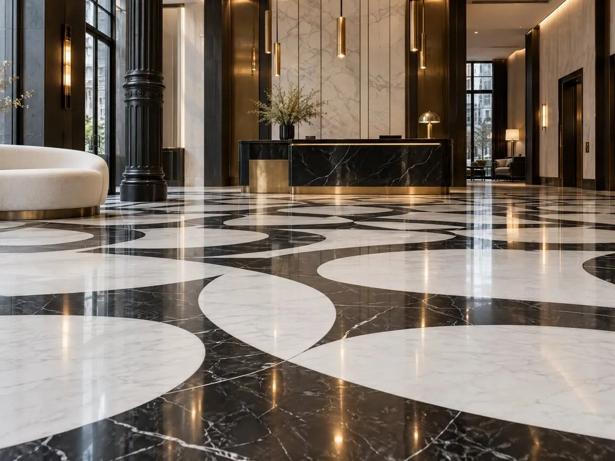 A waterjet-cut black and white marble floor