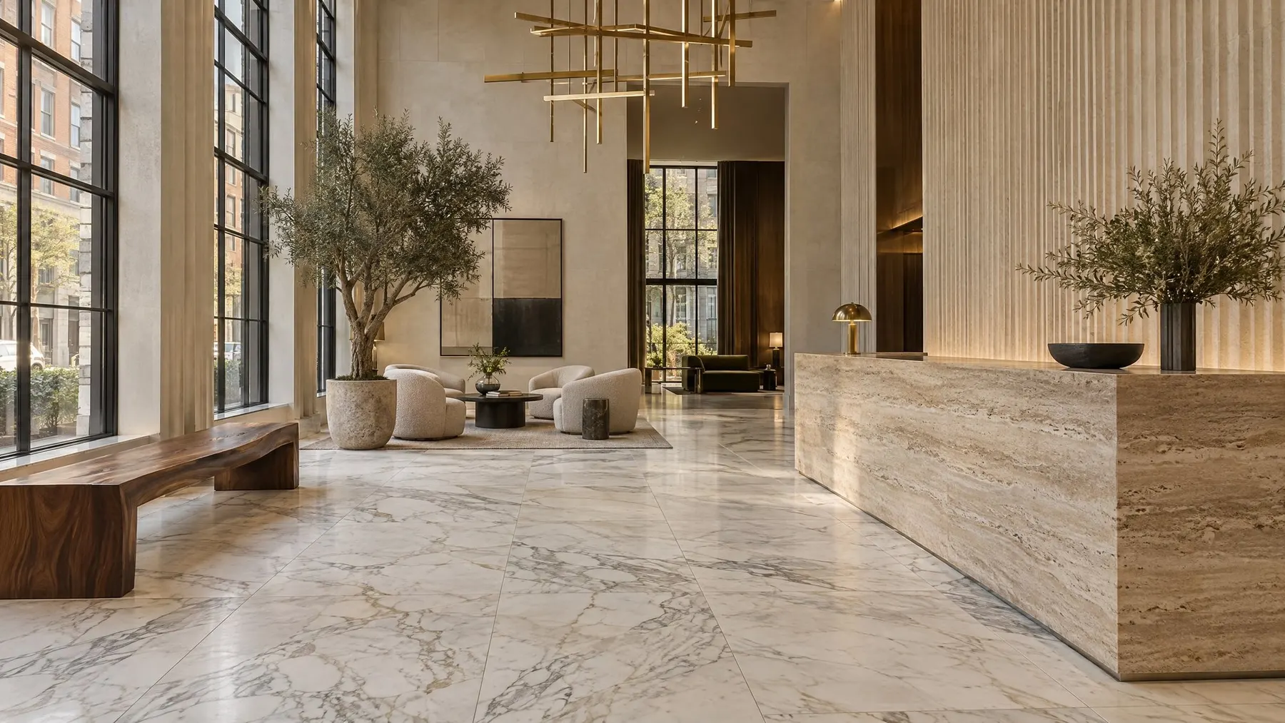 A hotel lobby with a honed marble floor and a travertine reception desk