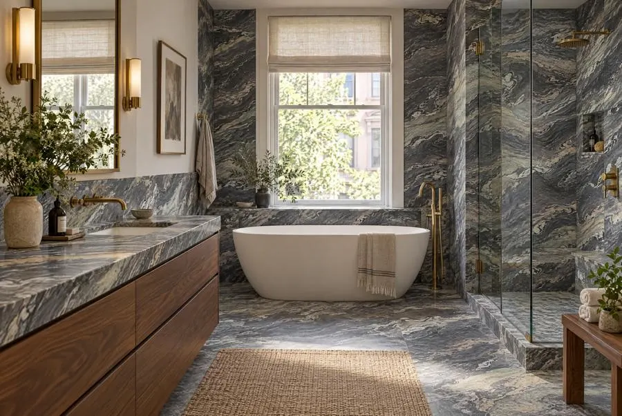 Cipollino Ondulato marble bathroom