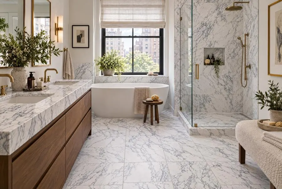 Mountain White Arabescato marble bathroom