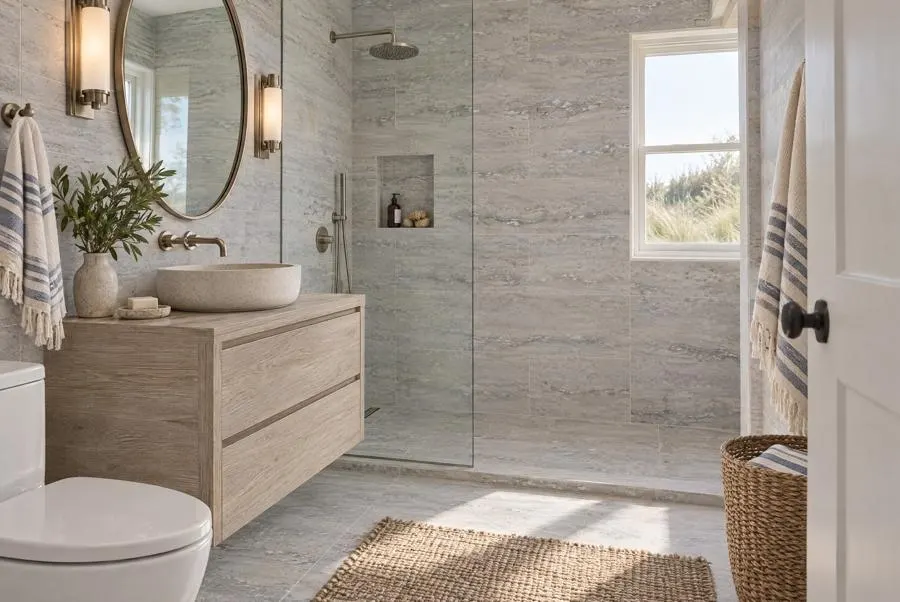 Oceano Blue travertine bathroom