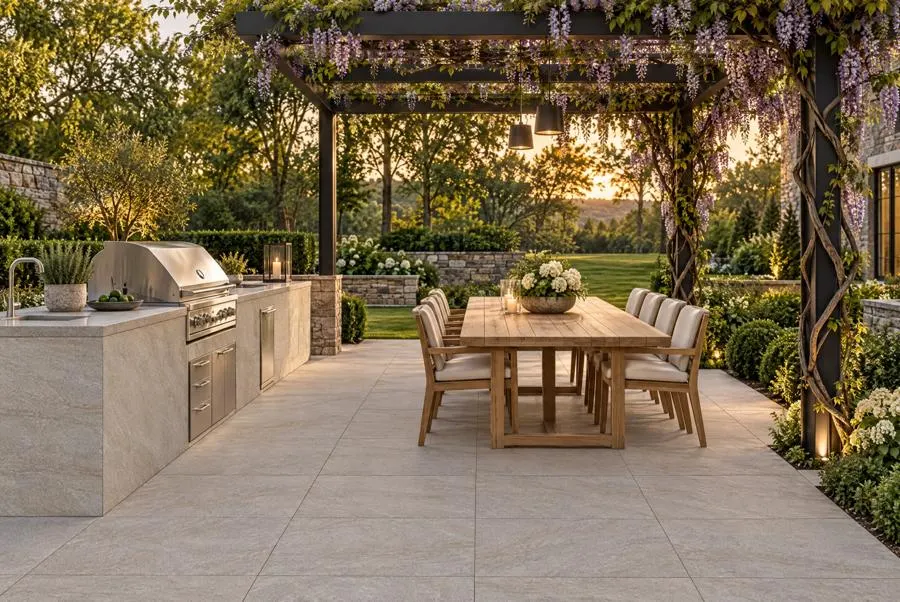 Kitchen in Foundation Quartz, silver quartz outdoor