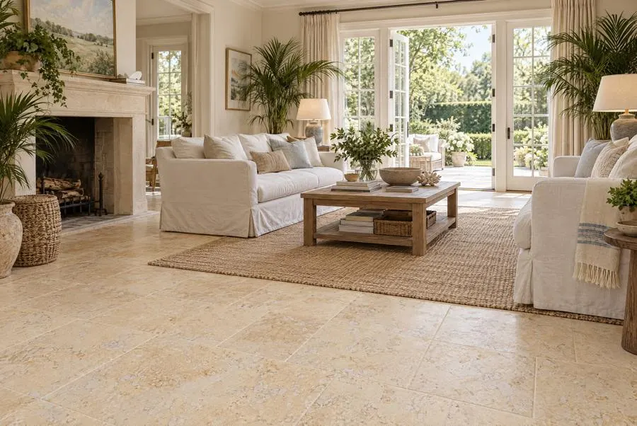 Walnut travertine living room