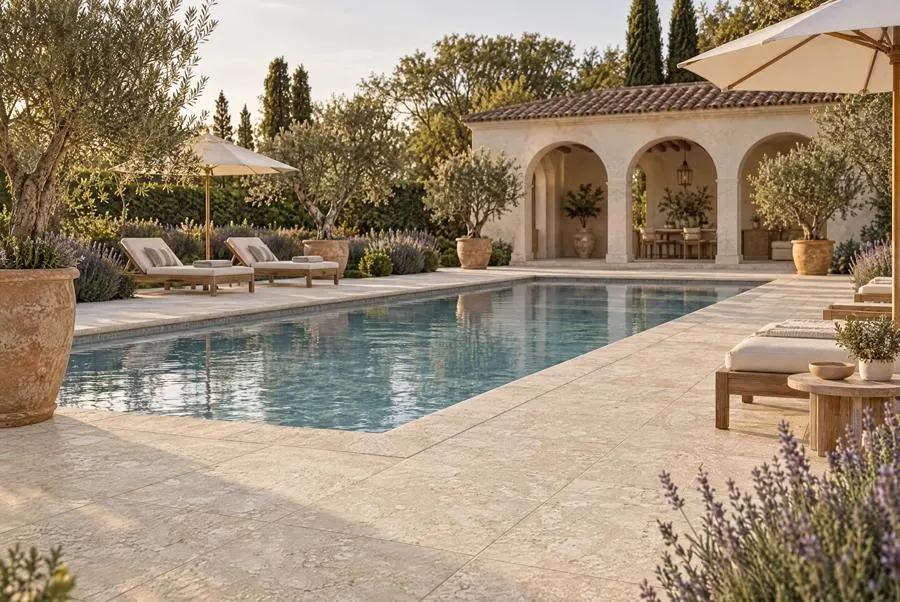 Terrace in Foundation Travertine, porcelain paver