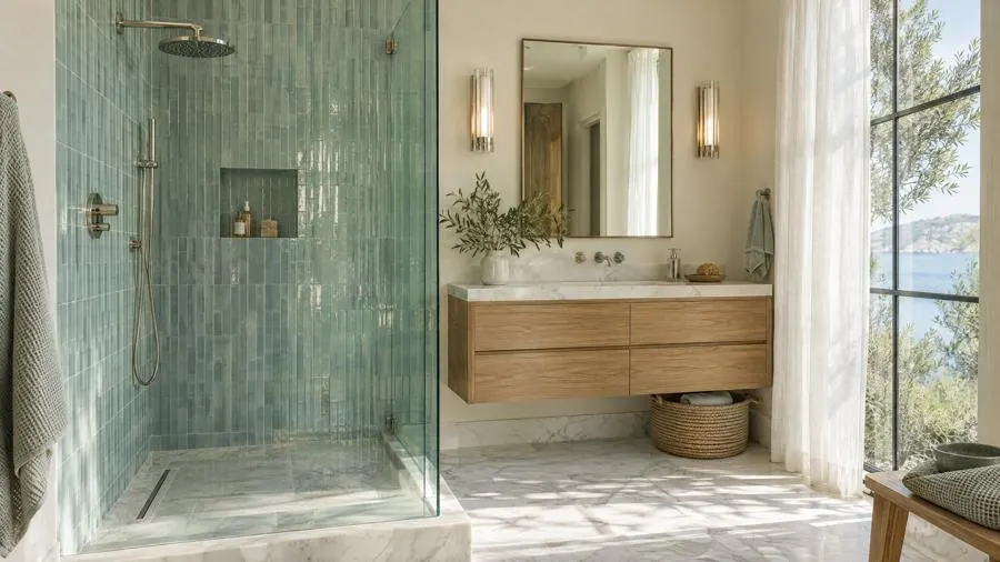 Bathroom in Glass tile, porcelain
