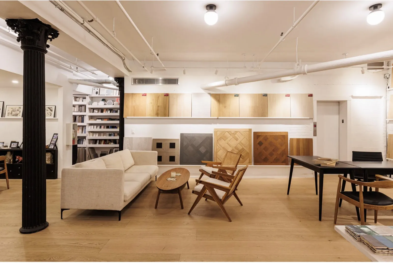 The lounge, with wood and stone panels on the back wall