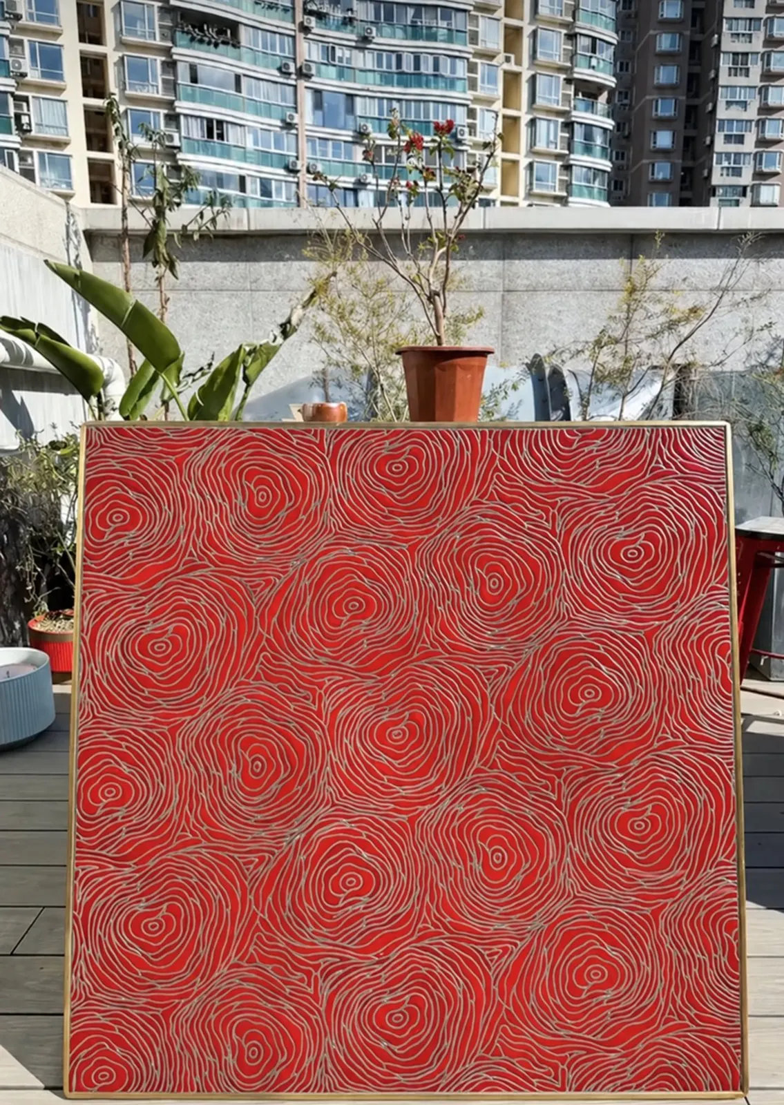 Waterjet lava panel, glazed red in glazed lava stone