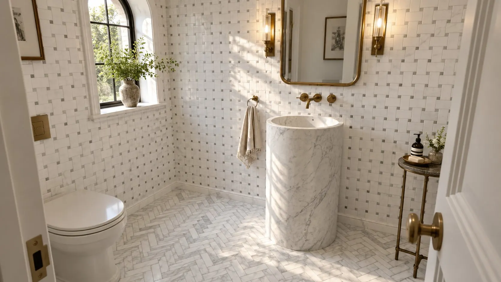 Marble herringbone and basketweave mosaics installed