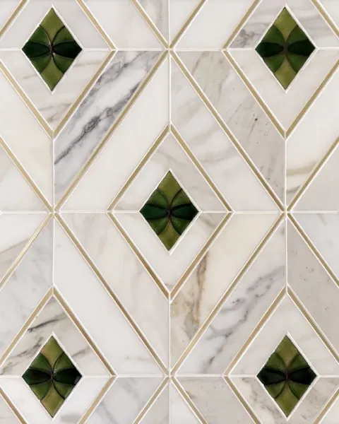 Harlequin – Gold, green and white stone waterjet mosaic