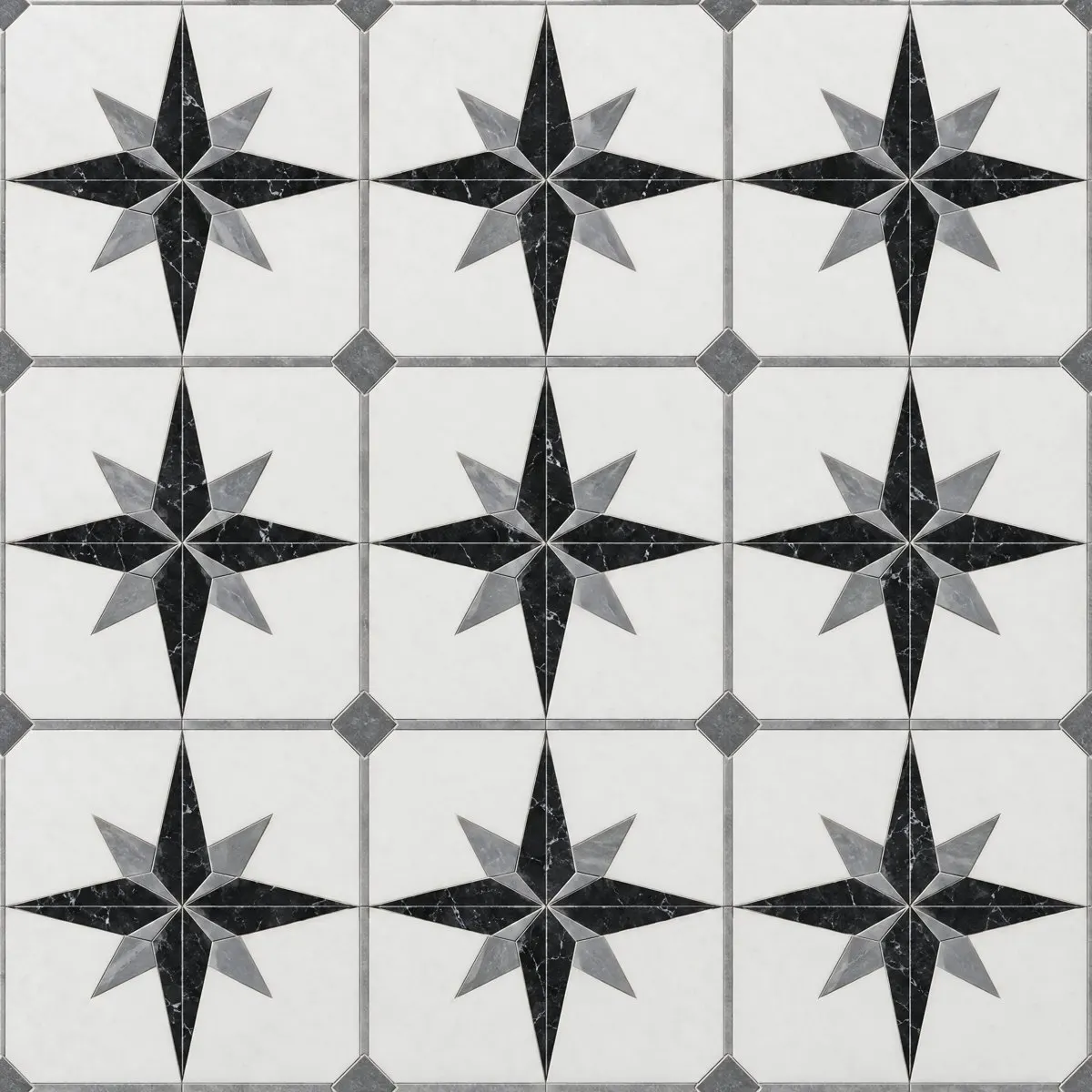 Compass waterjet design in Nero Marquina, Bardiglio and Thassos