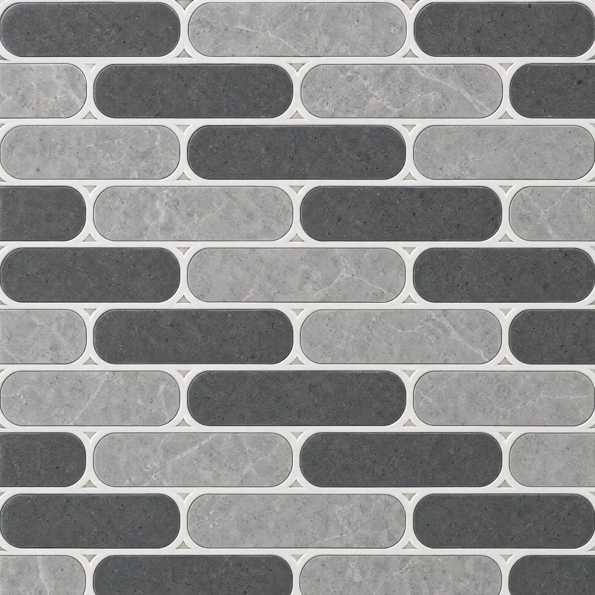 Domino waterjet design in Lincoln Silver, Grey Basalt and Thassos