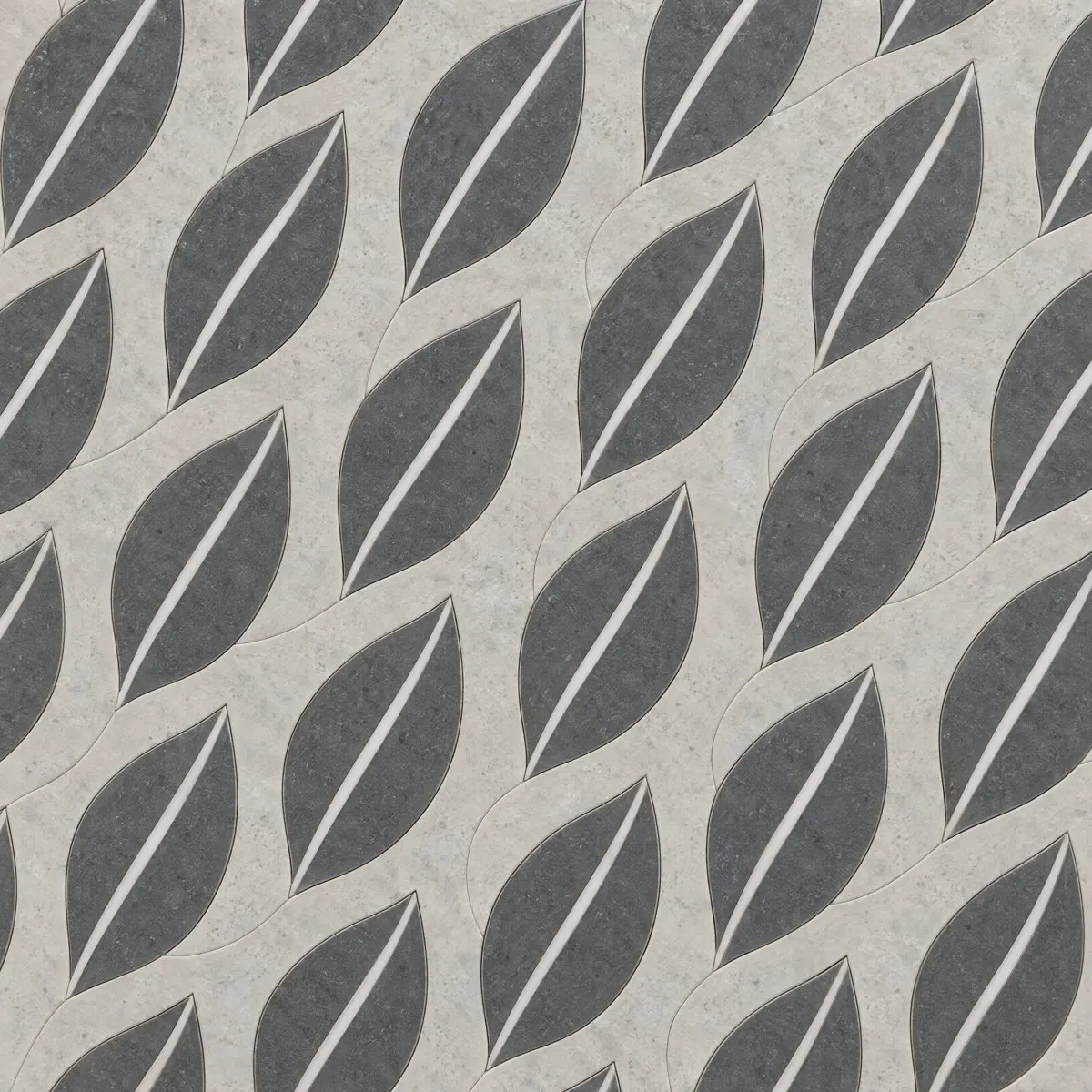 Frond waterjet design in Grey Basalt, Thassos and Haisa Light
