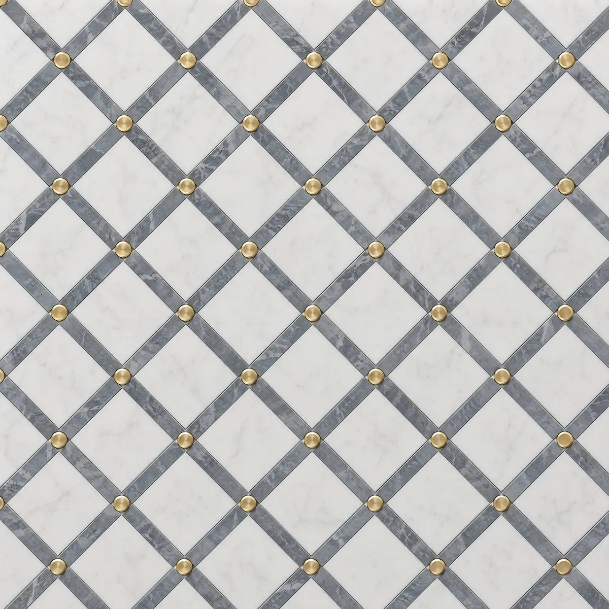 Lattice waterjet design in Bardiglio, Thassos and brass