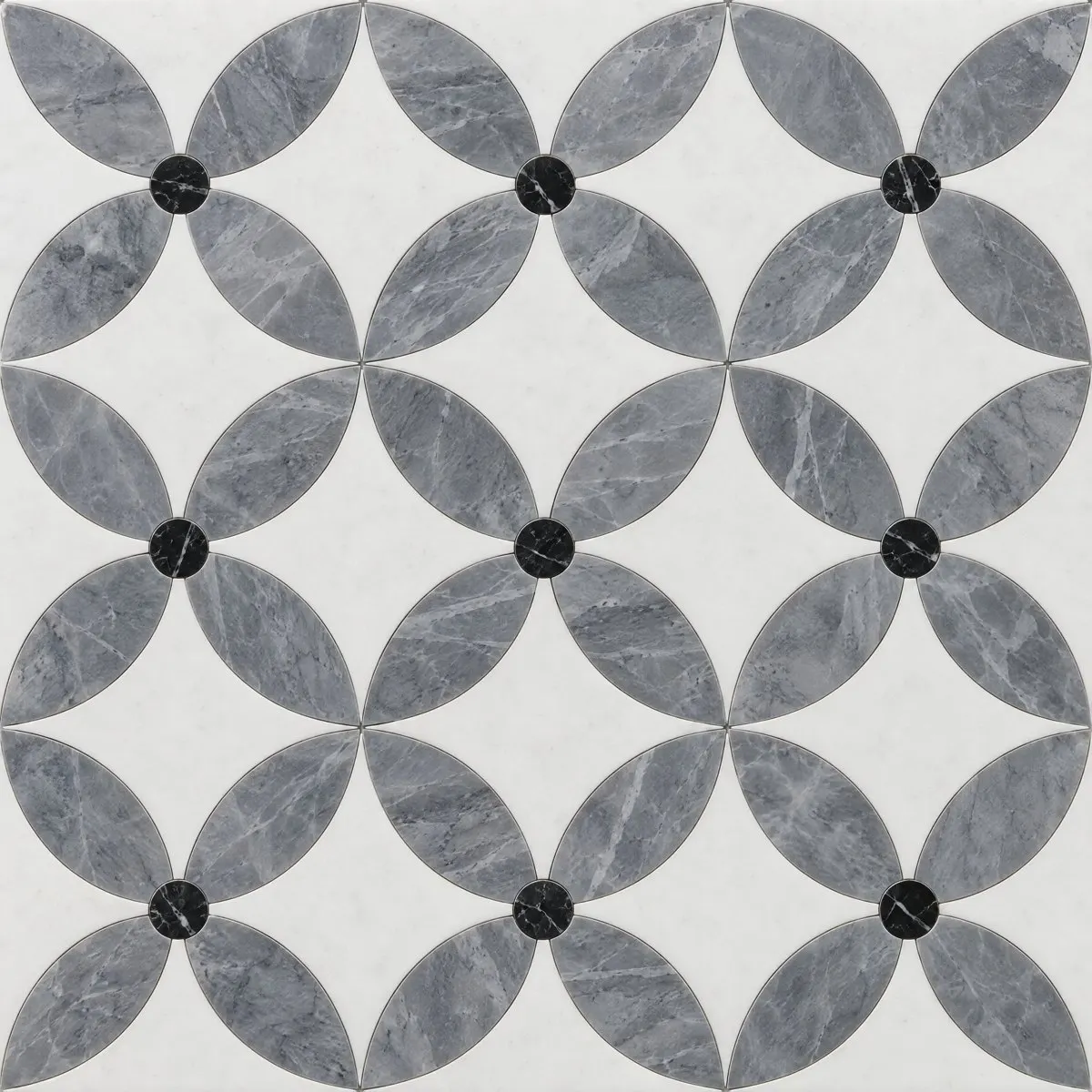Petal waterjet design in Bardiglio, Nero Marquina and Thassos