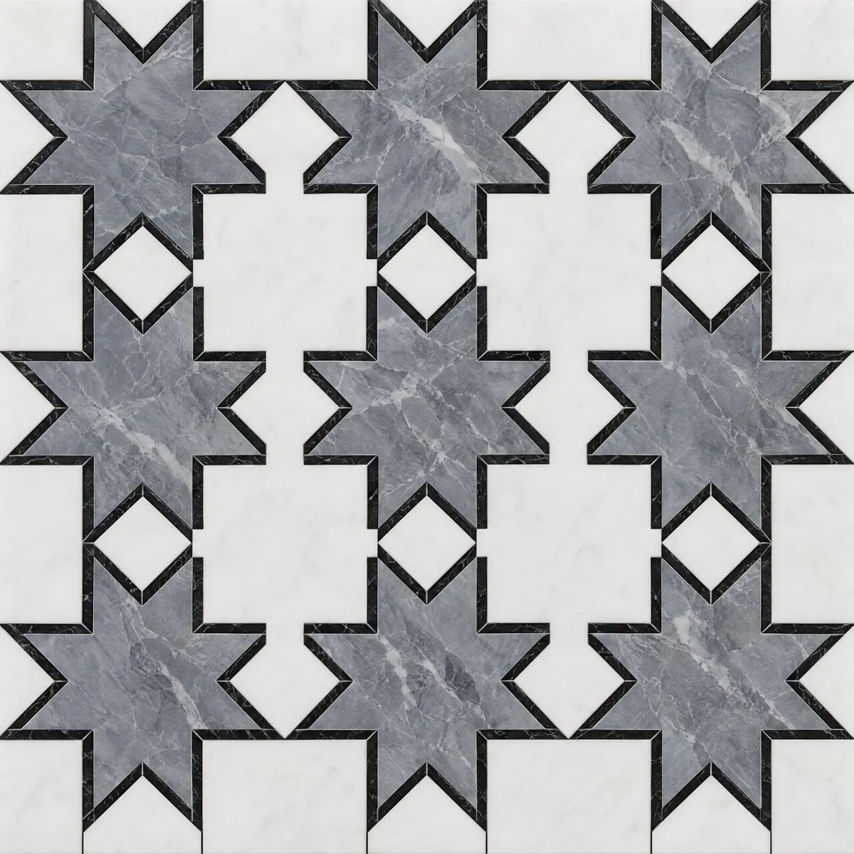 Star waterjet design in Bardiglio, Thassos and Nero Marquina