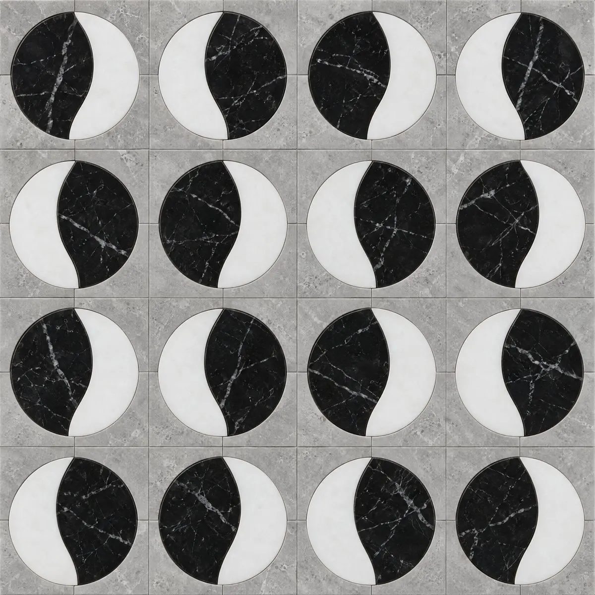 Umbra waterjet design in Nero Marquina, Thassos and Lincoln Silver