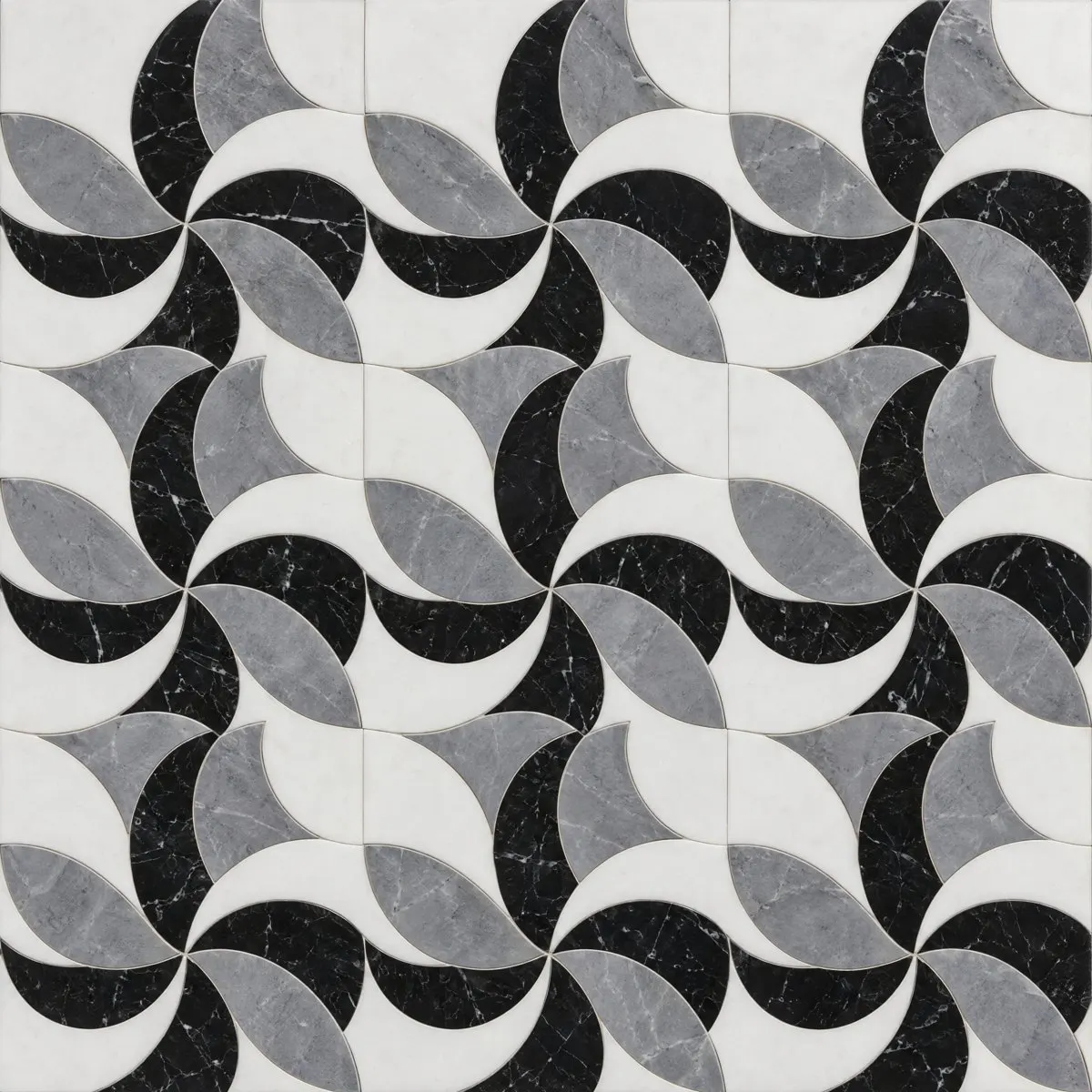 Whirl waterjet design in Nero Marquina, Bardiglio and Thassos