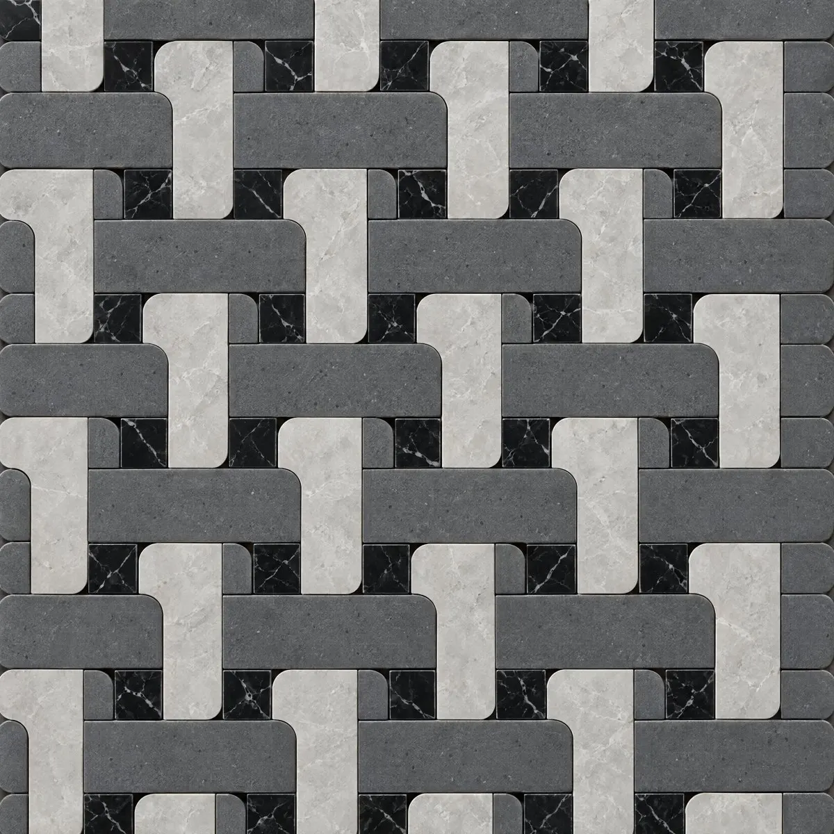 Wicker waterjet design in Haisa Light, Grey Basalt and Nero Marquina