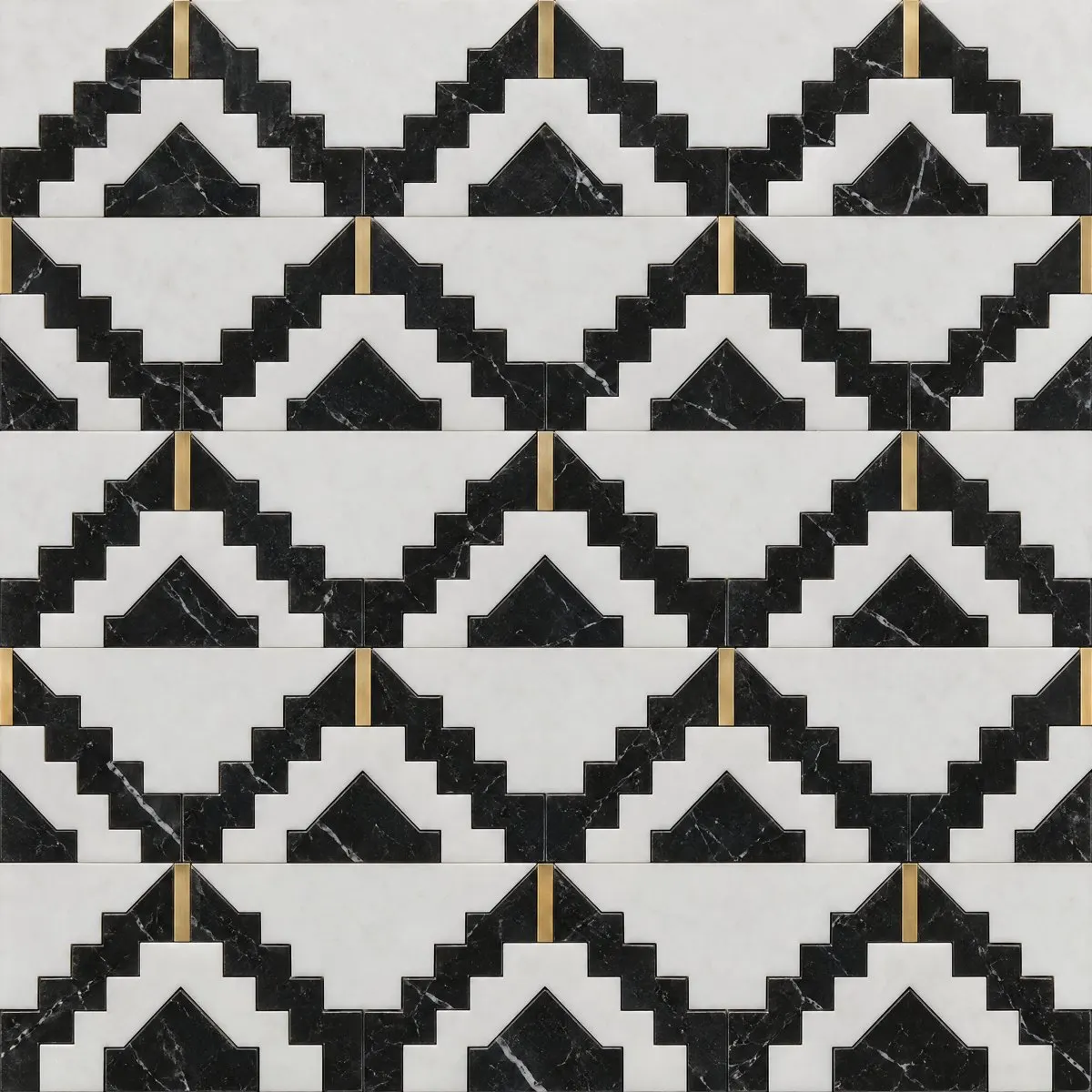 Ziggurat waterjet design in Nero Marquina, Thassos and brass