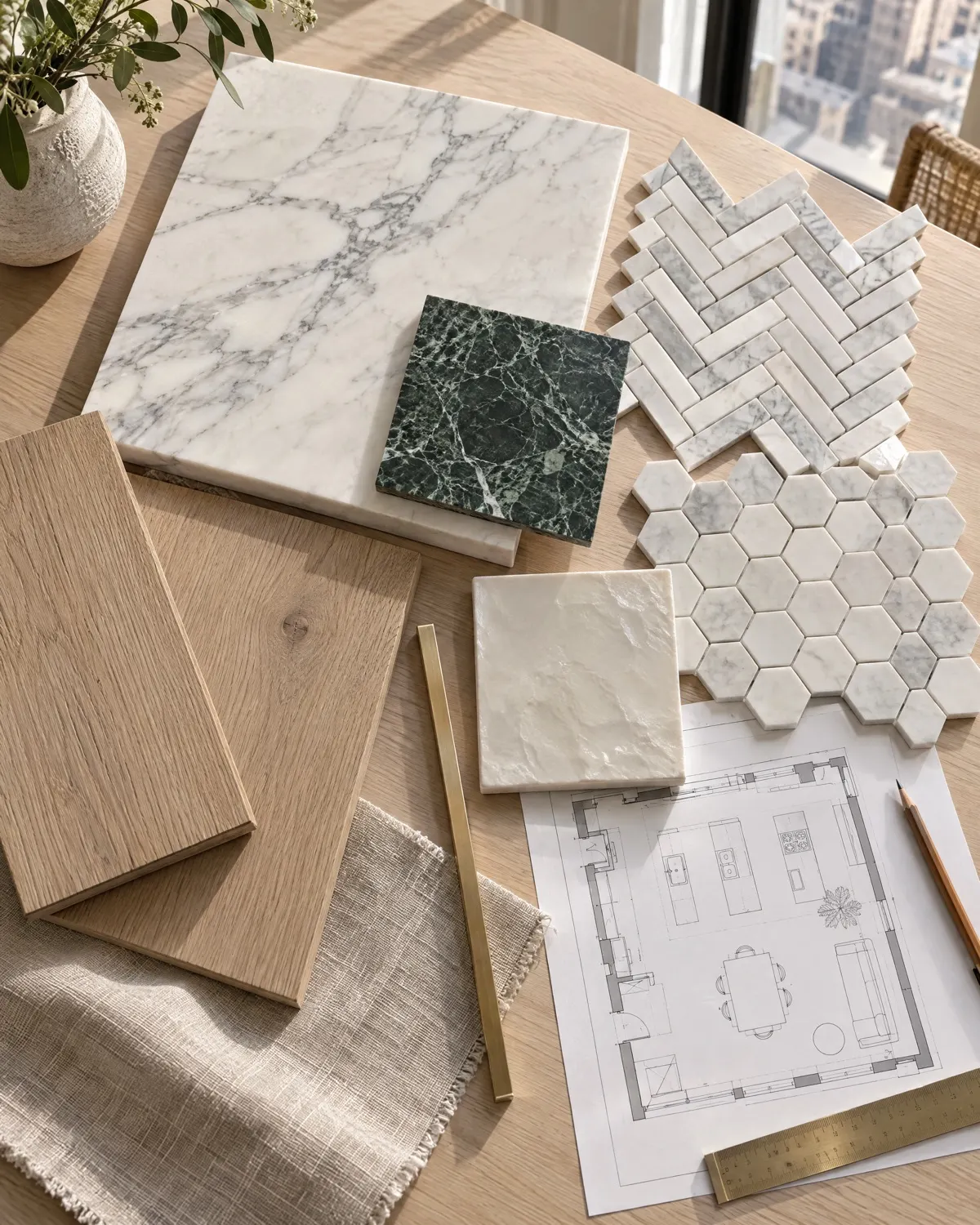 A project palette: marble, mosaic, zellige and white oak samples laid out on a plan